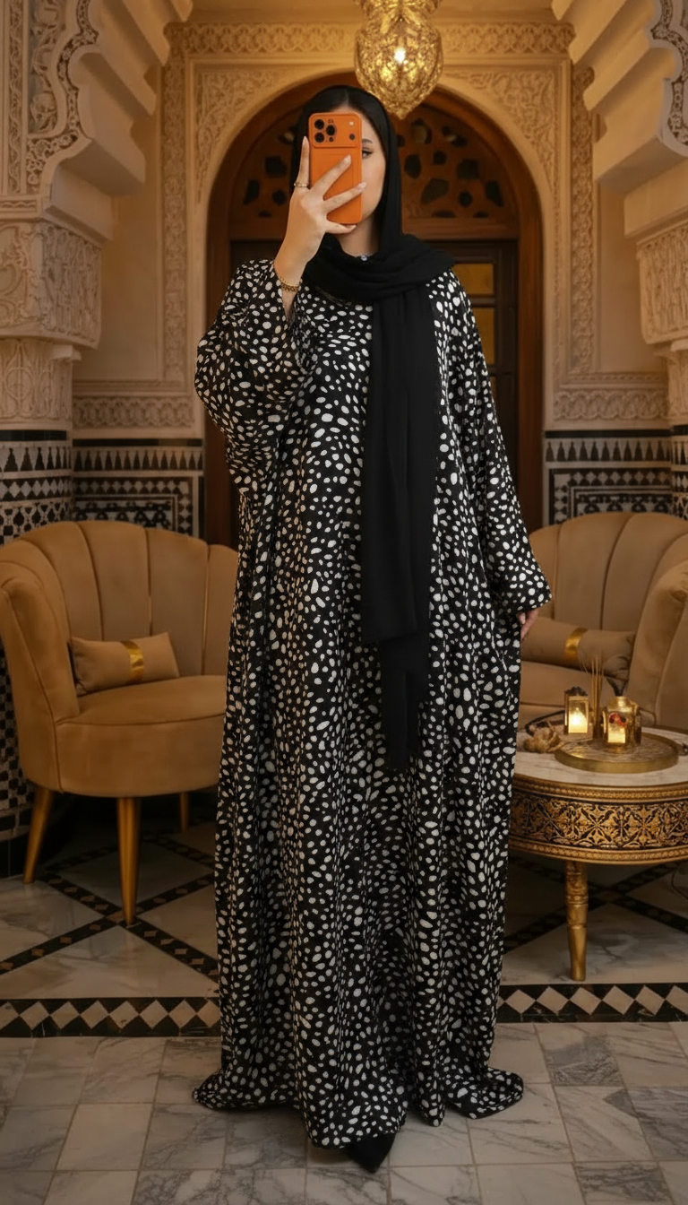 Abaya noire à pois blancs